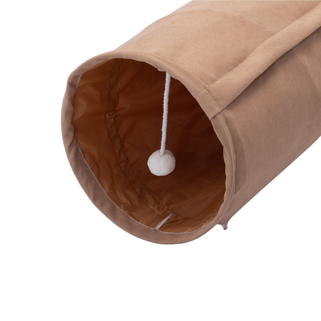 Tunnel pliable pour chat d'intérieur,  lavable, avec jouets et tapis suspendus, couleur marron.
