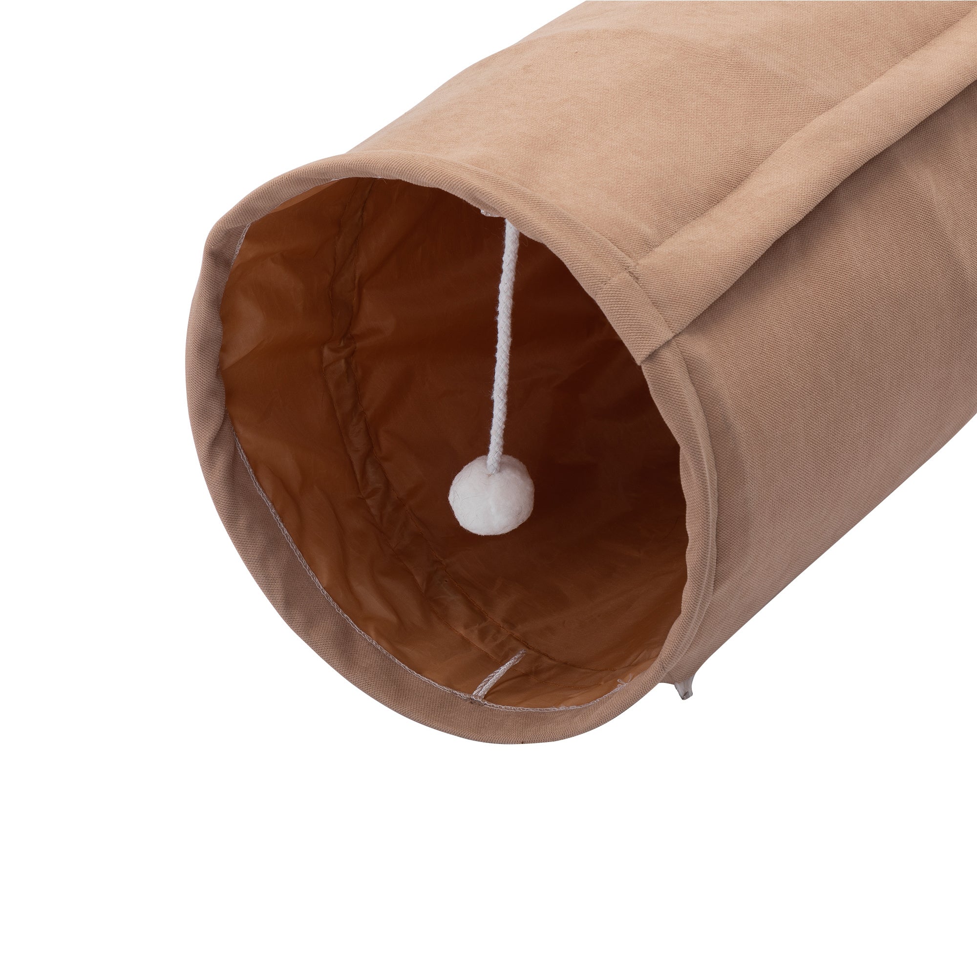 Tunnel pliable pour chat d'intérieur,  lavable, avec jouets et tapis suspendus, couleur marron.