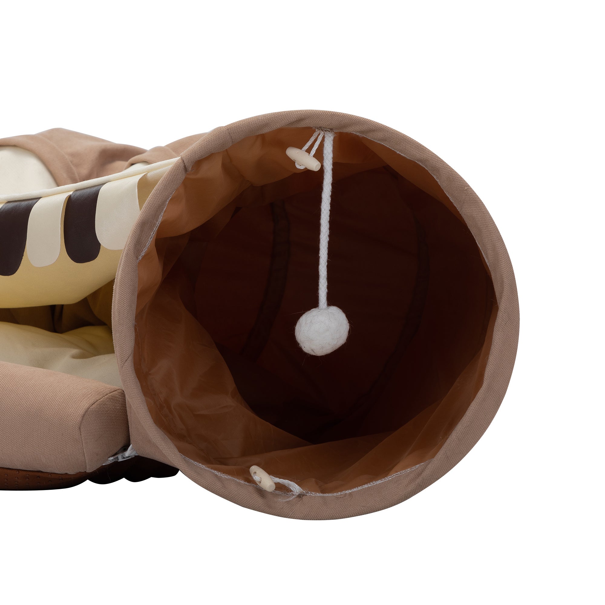 Tunnel pliable pour chat d'intérieur,  lavable, avec jouets et tapis suspendus, couleur marron.